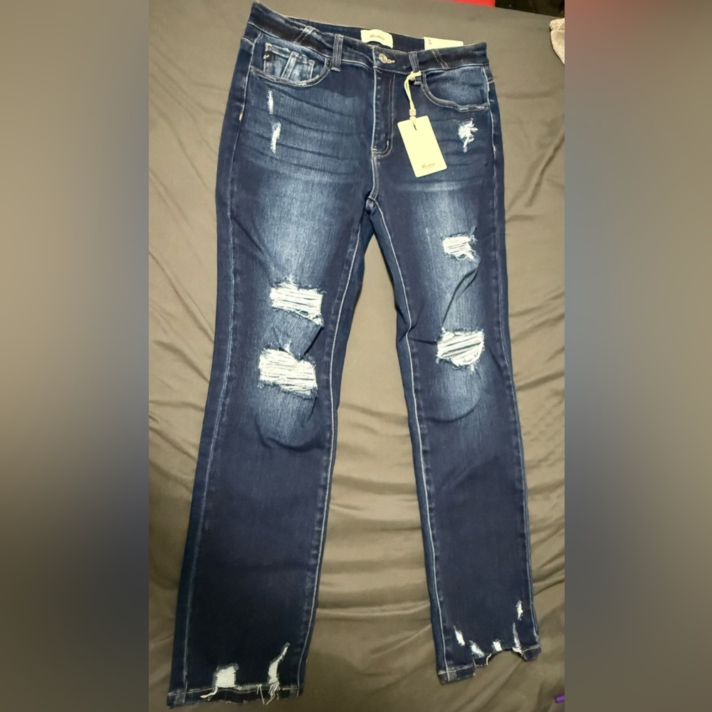 KanCan Dark Blue Distressed Straight Leg Jeans
